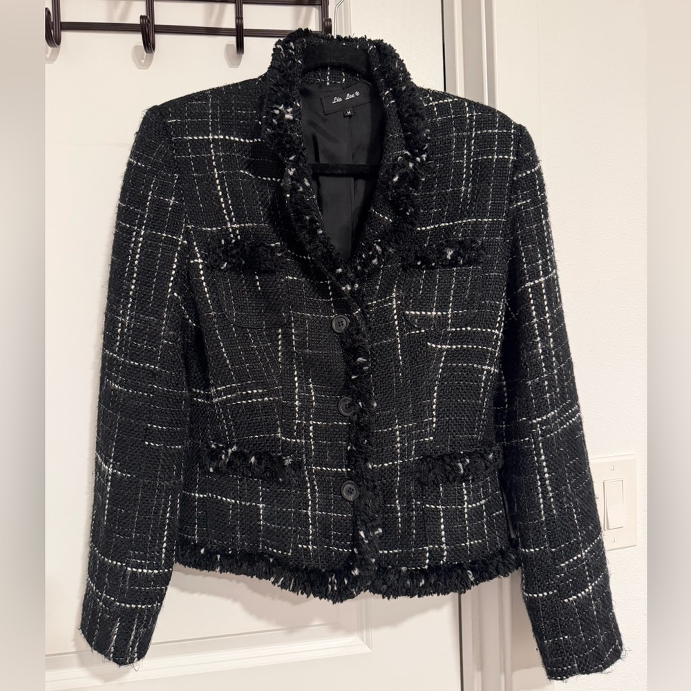 Lia Lee Black & White Checkered Tweed Blazer Jacket sz medium